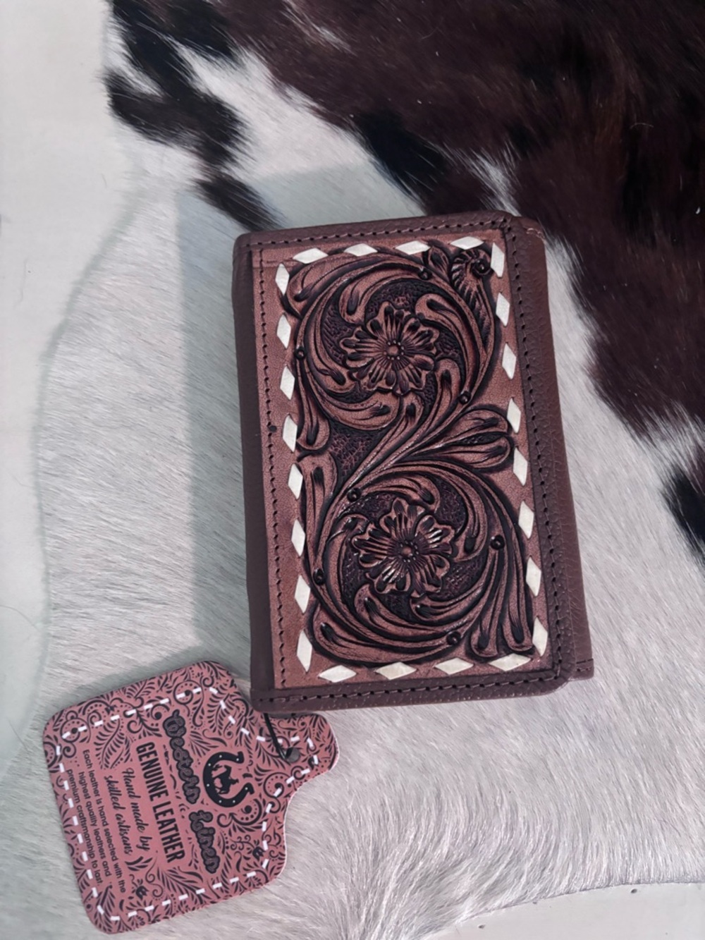 Genuine Leather Tooled Floral Wallet - Brown